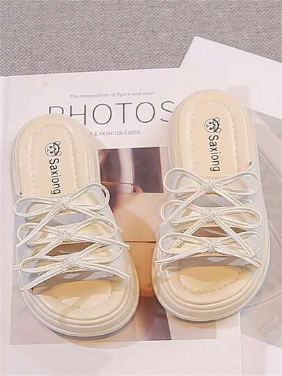 1 Pair Beige Toddler/Kids Girls' Fashion Rhinestone Slip-On Sandals, Colorful Soft PU Material Round Toe, Comfortable Cute Roman Beach Slippers Suitable For 3-15 Years Old Girls, Daily Casual Wear, Summer New Arrival