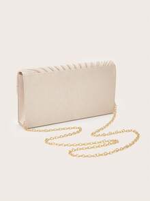 Luxury Champagne Pleated Clutch, Satin & Gold Wave Trim Evening Bag For Prom & Cocktail - Apricot - View 5