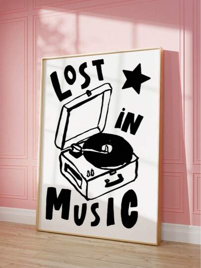 1pc Frameless Black White Record Player Art Print, "Get Lost In Music" Quote With Star, Vintage Minimalist Music Poster For Bedroom, Dorm, Room Decor, Funky Posters, Unique Gift