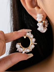 1对女士时尚简约优雅波西米亚风格手工串珠巴洛克不规则仿珍珠C形耳环 - 金色 - 查看 1