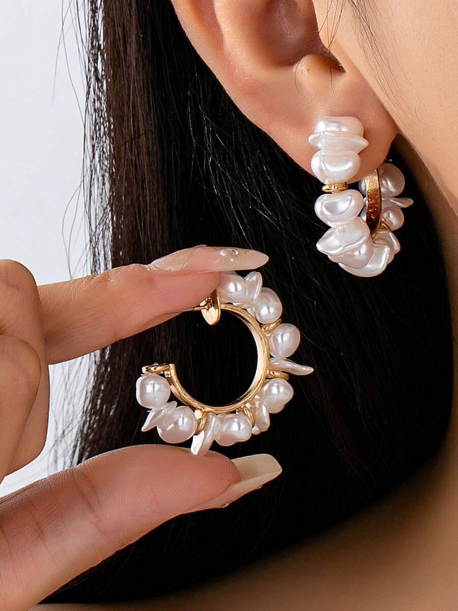 1对女士时尚简约优雅波西米亚风格手工串珠巴洛克不规则仿珍珠C形耳环 - 金色 - 查看 1