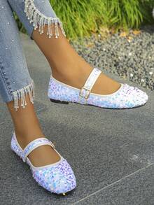 大码 35-43 新款春秋季时尚亮片方头平底乐福鞋，休闲软底一脚蹬鞋，适合搭配连衣裙和裙子 - 白藍紫亮片 - 查看 4