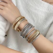 1pc Multi-Layer Open Bangle Bracelet, Personalized Exaggerated Wrapped Vertical Striped Elastic Fresh Fashion Bracelet For Women - S012/Gold - View 3