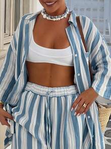 Conjunto de Camisa Listrada Azul e Branca com Bolso Elegante Casual Boêmio Elegante Nó, Adequado para Praia, Resort, Rua e Aeroporto, Primavera, Plus Size Feminino - Azul e Branco - Visão 3