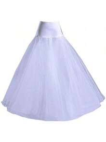 1 Stück Damen weiß A-Linien Rock, Taillenbund mit Knochen, 2-lagiges Tüll, Rüschenbesatz, bodenlanger Unterrock Slip Kleid - Weiss - Übersicht 4