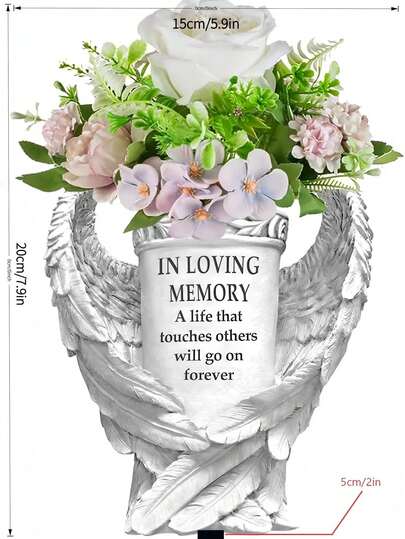 Memorial Decorative Figurine, Silver Angel Wings Surrounding A Vase, Symbolizing Protection And Eternity. Paired With A Fresh Floral Bouquet, It Conveys Remembrance And Solace For The Departed, Suitable For Grave Site Memorials, Continuing Cherished Thoughts In A Warm Way.