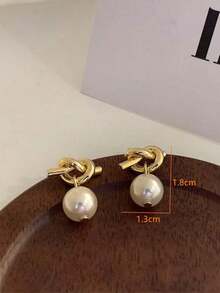Knot & Faux Pearl Decor Drop Earrings - 黃金 - 查看 3
