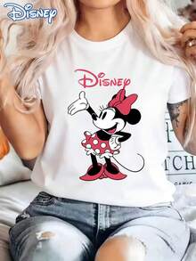 [Bestie Match] Energetic And Sweet Style! Disney Logo Minnie Mouse Print Women's T-Shirt, Casual And Fashionable Round Neck Short-Sleeved Summer Top, Girls' Preppy Cartoon Shirt, Suitable For Outdoor Daily Casual Wear. - White - View 1