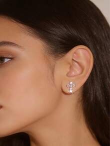 1 Pair Sparkling Crystal Stud Earrings, Suitable For Party Wear - Pink - View 5