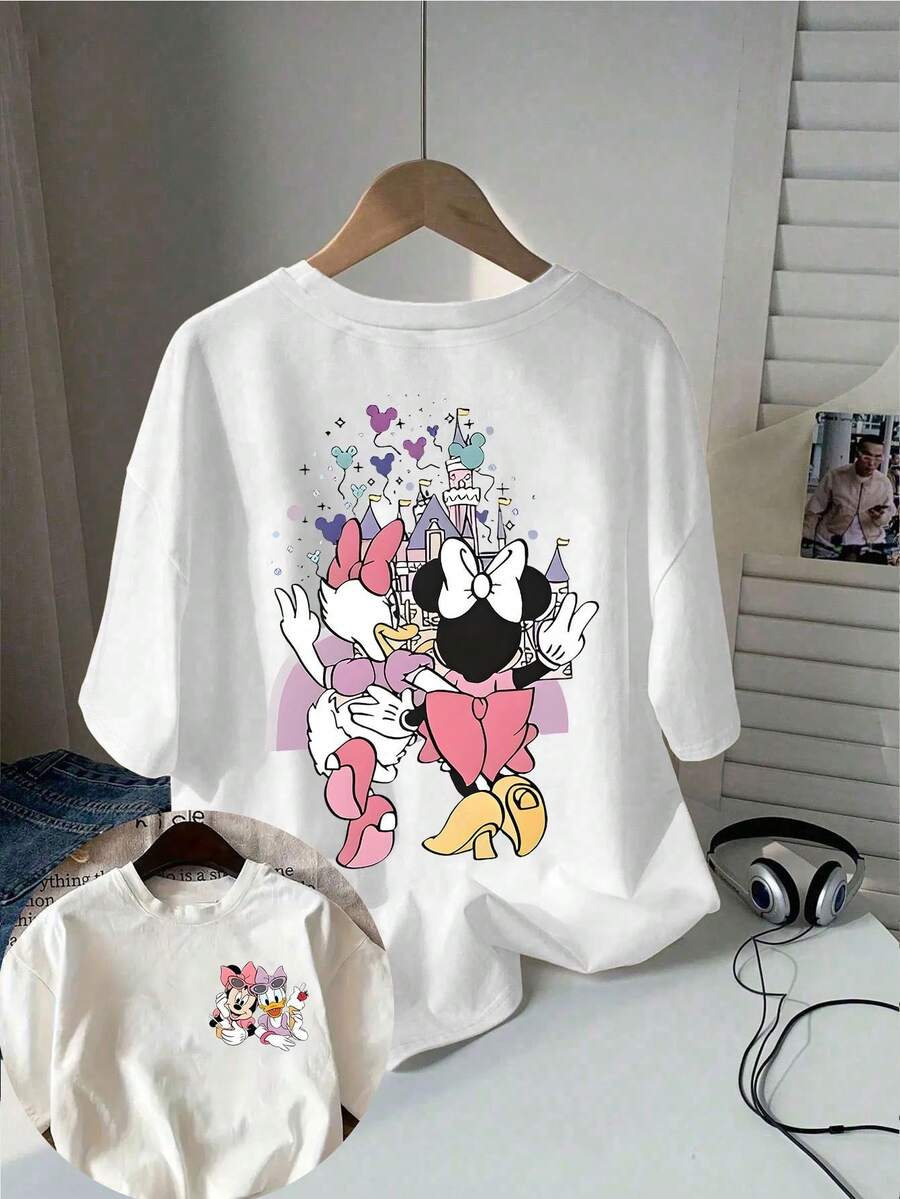 Disney Classic Cartoon Minnie Daisy Double-Sided Printed T-Shirt, Short Sleeved Round Neck Casual Top, Suitable For Summer And Spring, Short Sleeved Top, Women's Clothing - 白色 - 查看 1