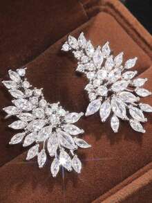 一对优雅闪亮水钻叶形耳钉，时尚独特的女士耳环 - 銀色 - 查看 3