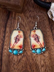 Retro Cowgirl Western Bullfighting Pattern Turquoise Dangle Earrings Women, Bohemian Dangle Earrings, Suitable For Cowgirls To Wear At Daily Holiday Parties, Ladies' Gift - Multicolor - View 3
