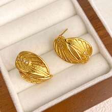 Exaggerated Rhinestone Metal Leaf Stud Earrings, European And American Fashion Unique Design Elegant Earrings For Women - Gold - View 3