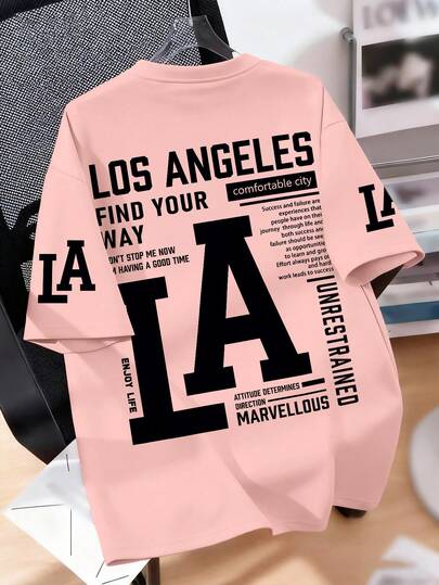 青少年男孩洛杉矶标语印花圆领T恤，夏季男童休闲柔软上衣，街头风和度假装。适合男孩和青少年穿着，日常穿着舒适，可作为礼物送给家人、女友、朋友。舒适的短袖套头衫，可机洗，日常必备，宽松版型，男女皆宜，街头风格。