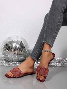 French Luxury Fashion Plus Size Beach Resort Versatile Rhinestone Indoor Outdoor Non-Slip Fresh Mom Slippers - Burgundy - View 3