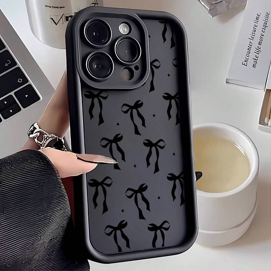 可爱简约黑色蝴蝶结元素时尚手机壳，1个黑色小星星蝴蝶结，适用于荣耀/苹果/传音等手机，哑光黑色镜头框阶梯式设计软壳保护套，国际版，非国内版，生日礼物，春季款