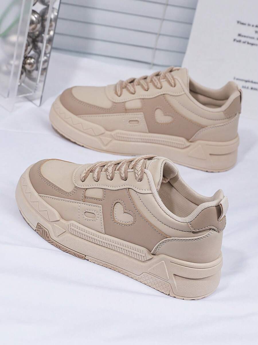 Women's Versatile Thick Sole Heart-Shaped Sneakers, Outdoor Casual Lightweight Low-Top Lace-Up Shoes - Khaki - View 1
