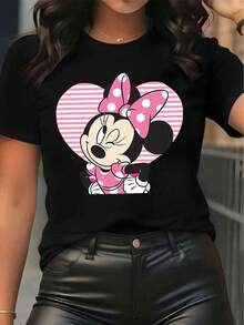 Disney Women'S Printed Cartoon Minnie Pink Polka Dot Bow Tie Heart Background Short Sleeve Round Neck T-Shirt | Casual Comfortable Fashionable, Suitable For Spring, Summer, Autumn, Optimistic Design, Elastic Fabric - 黑色 - 查看 6