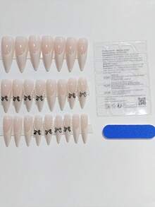 24 móng giả dài kiểu Stiletto, thiết kế ngọc trai ánh kim, thời trang, đa năng, làm trắng răng, bộ móng tay cô dâu quyến rũ, món quà hoàn hảo cho phụ nữ. - Màu be - Xem 5