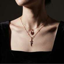 多层情人节新款复古红色爱心水晶项链，女士双层锁骨链，浪漫告白礼物 - 金色 - 查看 3