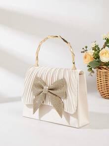 优雅褶皱缎面手拿包，饰以水钻蝴蝶结和金色手柄——婚礼和派对的完美之选 - 杏色 - 查看 5