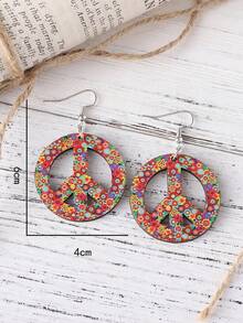 Fashion Flower Peace Pendant Necklace+Earring Set Double Sided Wooden Pendant Hippie Jewelry Women's Clothing Accessories - Multicolor - View 6