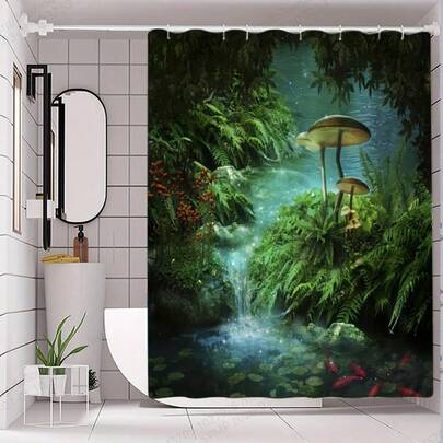 Bộ 1/4 rèm tắm chống thấm nước họa tiết rừng nấm, rèm vải có thể giặt, trang trí phòng tắm, phụ kiện phòng tắm, bộ rèm tắm.