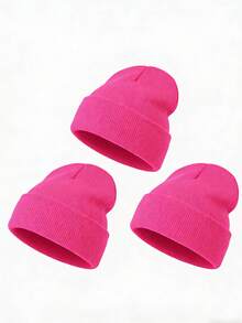 1顶女士纯色针织帽，保暖时尚，适合日常佩戴 - 玫紅色 - 查看 7