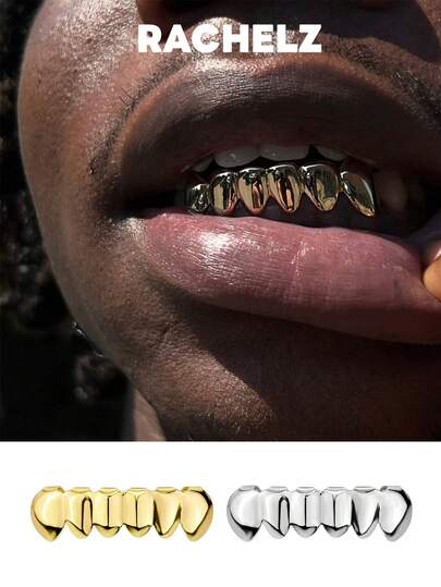 RACHELZ Classic Simple Smooth 6 Bottom Teeth Grillz Hip Hop Glossy Tooth Caps For Women Men Jewelry Daily Wearable Removable Dental Grills Cosplay Gift
