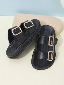 Kids Fashion Dual-Tone Buckle Flat Slippers, Easy Slip-On Sandals For Toddlers & Children - Black - View 3