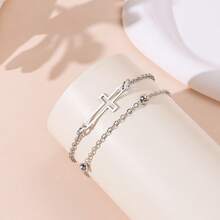 2条简约复古不锈钢十字链叠戴手链，男女皆宜 - 銀色 - 查看 5