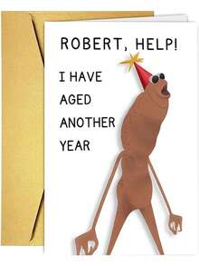 1张搞笑“罗伯特，救命！我又老了一岁”生日贺卡，附粉色信封，表情包人物插画，送给朋友和成年人的完美生日贺卡 - 查看 9