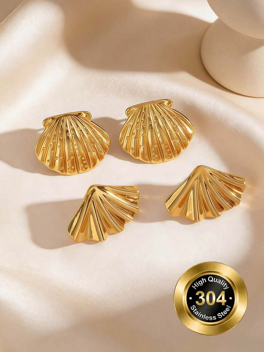 4 Pieces, Women's Golden Shell Earrings, Summer Bohemian Textured Wave Earrings - 18K Gold-Plated Irregular And Exaggerated Fashion Shell Women's Earrings, Fashionable Jewelry Gifts, Suitable For Daily Wear, Birthday Parties And Gatherings - Gold - View 1