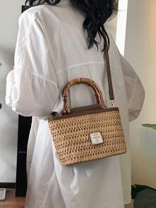 女士小众设计草编包，手工制作，复古纹理风格，通勤和度假单肩包 - 棕色 - 查看 7