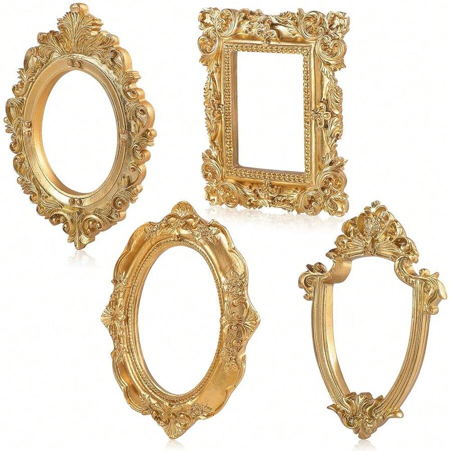 Vintage Gold Photo Frames Set 4 Pcs - Retro Resin Small Picture Frames For Photography Accessories And Home Decors Antique Style Tabletop And Wall Decoration - 金的 - 查看 1