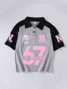 Girls' Spring/Summer 67 Letter N Print Short Sleeve Raglan Polo Shirt - Grey - View 3