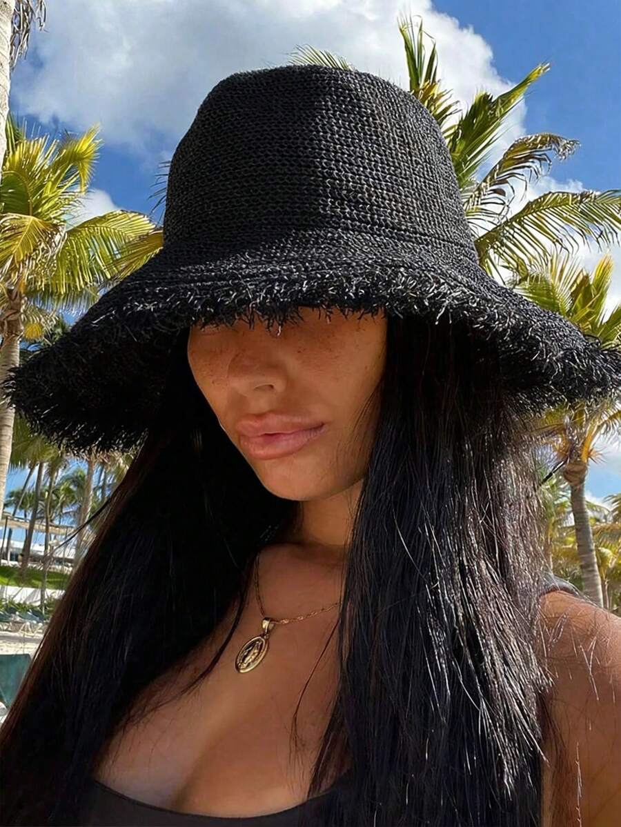 1pc Women's Straw Hat, Large Brim Sun Hat For Beach, Travel, Vacation, UV Protection, Spring/Summer - Black - View 1