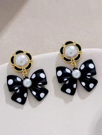 New Arrival Polka Dot Earrings With Bow Pendant, Korean Elegant Earrings For Autumn/Winter