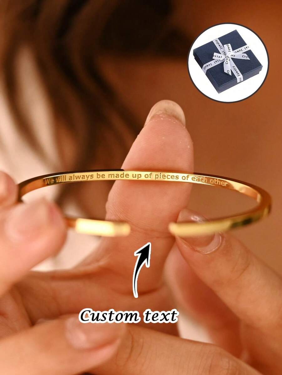 1pc Customizable Inspirational Engraved Bangle Bracelet, Minimalist Open Design Suitable For Daily Wear, Birthday, Anniversary, Mother's Day, Ramadan, Wedding Occasions, Comes With Gift Box