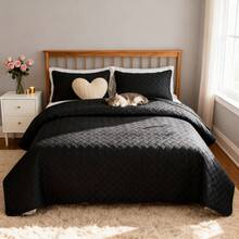 VOLTITO 3pc Bedspread Sets, Ultra Soft Microfiber Quilts Queen Size, 2pcs Pillowcases , Bed Coverlet King Size With Basket Weave Pattern, Lightweight Reversible Bedspread,  Soft Quilt Bedding Set, Lightweight Comforter Set Coverlet - 黑色 - 查看 8