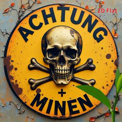 2D Flat, 1pc 20 X 20cm Round Metal Plaque, [2D Flat] Vintage Round Iron Sign - "Achtung Minen" Warning Sign, Distressed Yellow And Black Design With Skull And Crossbones, Wall Decor Suitable For Home, Garden, Cafe, Garage, Office, Or Man Cave, 2D Flat, Pre-Drilled Holes As Shown In Size