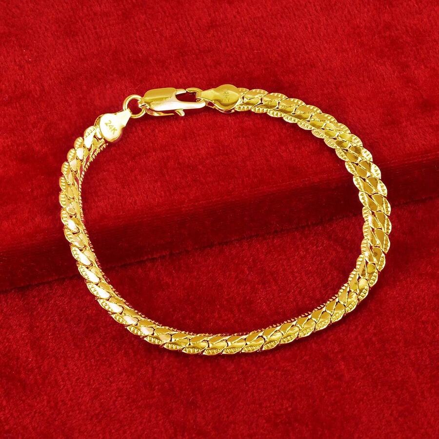 18K镀金5毫米18/19/20厘米扁平侧链手链，男女皆宜，适合婚礼、订婚等场合佩戴。 - 金色 - 查看 1