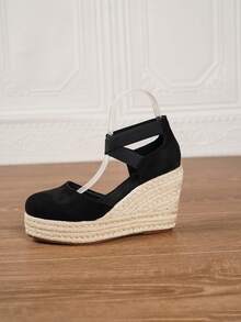 Women's Wedge & Platform Slip-On Espadrille Shoes, Black Round Toe Vacation Beach Woven Strap Sandals, Vacation Rope Sole Elastic Band Paired With Women's Shoes - Black - View 5