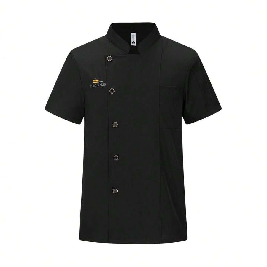 Bộ đồng phục đầu bếp ngắn tay unisex mới, thêu họa tiết, cài cúc đơn, thoáng khí, cổ đứng nhỏ. - màu đen - Xem 1