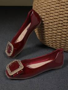 New Lacquered Leather Square Toe Shoes For Teenage Girls - Burgundy - View 2