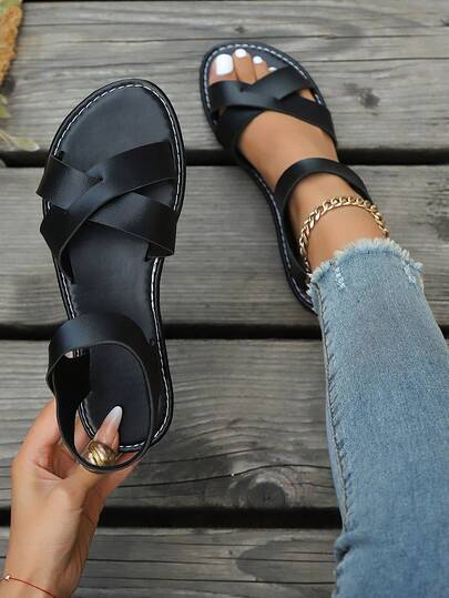 Teens New Criss-Cross Strap Decor Flat Sandals, Minimalist Casual Style For Daily, Holiday, Campus, Hanging Out With Friends, Available In Brown, Black, White