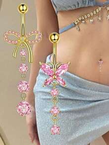 3pcs 16G Dangle Belly Button Ring Set, Gold Stainless Steel Belly Piercing Jewelry, Butterfly Flower Pink Belly Ring For Women, Suitable For Daily Wear, Party, Gift (First Belly Button Chain Length Randomly Shipped) - Belly ring - View 3