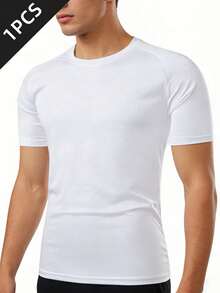 Father's Day Men's Lightweight Breathable Quick-Dry Solid Color Round Neck Short Sleeve Outdoor Casual Loose T-Shirt, Running Sports Top - White - View 3