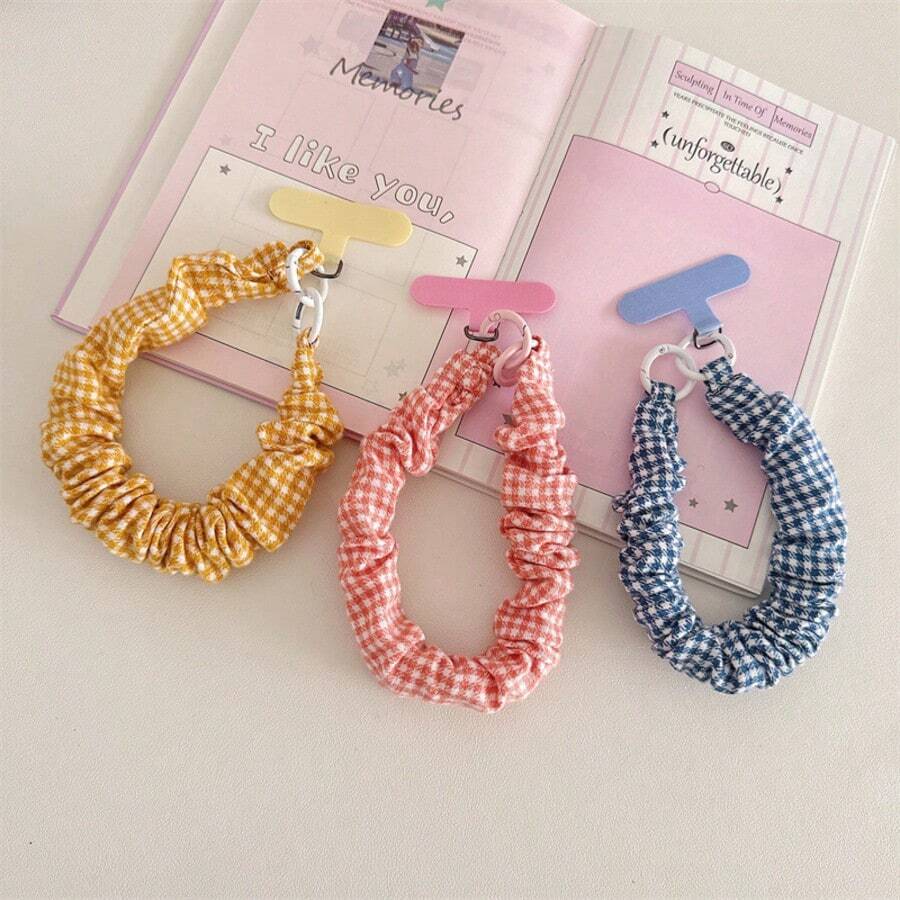 Cute Gingham Patterned 1pc INS Style Patterned Phone Lanyard, Elastic Cord, Cute Girl Wrist Strap, Anti-Lost CCD Keychain Pendant Spring Gift