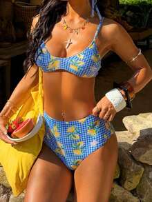 Sexy High Elasticity Bikini Set, Spaghetti Strap Backless Design, Lemon Plaid Print, For Women - Multicolor - View 9